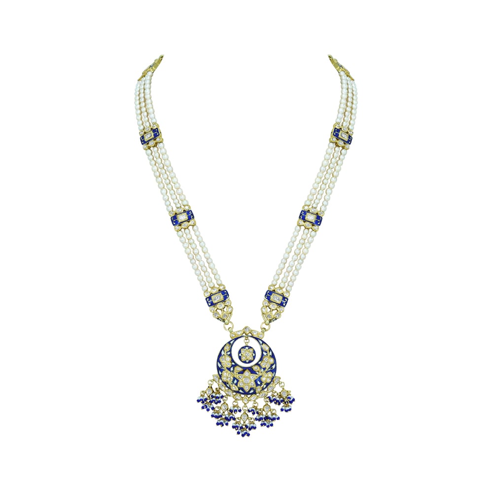 Three-Strand Pearl Necklace with Blue Enamel and Sapphire Accents